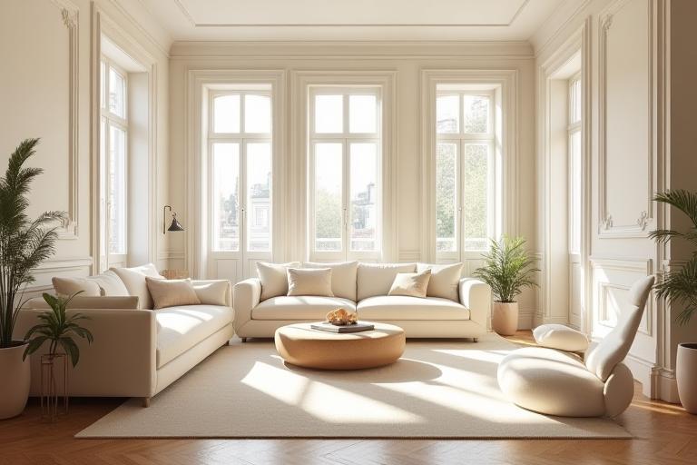 Salon parisien élégant, lumière naturelle, design raffiné