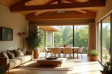 Maison de campagne éco-chic avec matériaux naturels et agencement convivial